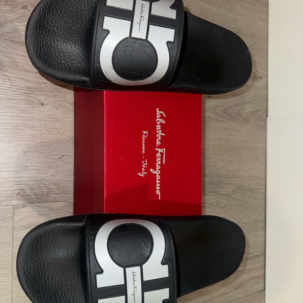 Salvatore Ferragamo Black White Logo Slide Sandals